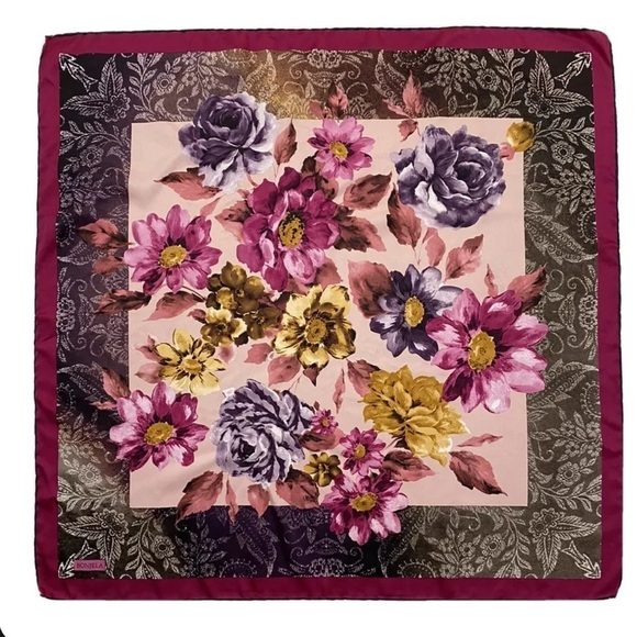 BONJELA PURPLE SCARF 100% SILK FLORAL 35"/35" GOOD CONDITION - Picture 1 of 7